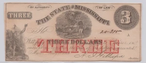 1864 3 $ State of Mississippi Obsolete Note, CU 60 - Ungraded - Bild 1 von 2