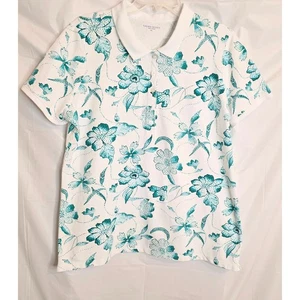 Laura Scott Top Women's XL White & Turquoise Floral Collared 5 Button Pullover - Picture 1 of 5