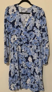Vestido para mujer Old azul marino envolvente floral cuello en V manga larga hasta la rodilla talla LT - Imagen 1 de 8