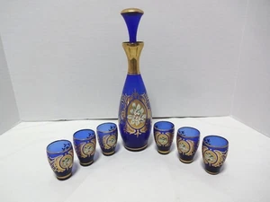 Venezianisches Murano Kobalt Glas mit 24K Gold & Emaille Borten Karaffe Karaffe & 6 Schuss - Bild 1 von 11