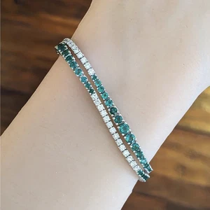 Brazalete de tenis de doble hilo de esmeralda y diamantes en oro blanco de 14 K de más de 7" de largo - Imagen 1 de 8