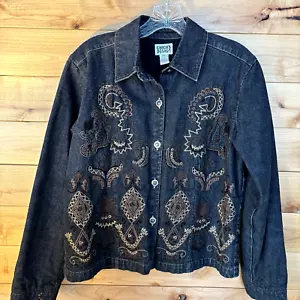 Giacca jeans denim nero ricamo floreale Chicos Design taglia 8 bottoni - Foto 1 di 7