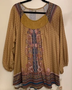 World Unity Damen Top XL braun Blumen Paisley Bluse Langarm U-Ausschnitt - Bild 1 von 8