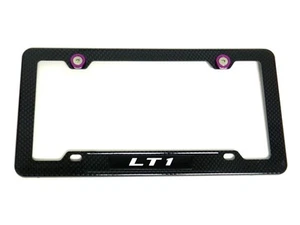 LT1 LT-1 CARBON FIBER LOOK LICENSE PLATE FRAME W/ 2 PURPLE WASHERS & BOLTS - Picture 1 of 4