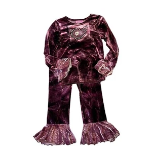 $148 Leopard Daisy 8 10 My Vintage Baby Velour Velvet Set Flare Legs Burgundy - Picture 1 of 8