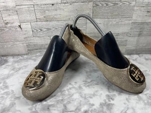 Tory Burch Ballet Flats Women 8M Minnie Shoes Gold Distressed Leather Travel - Picture 1 of 20