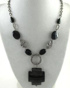 Barse .925 Sterling Silver Obsidian Necklace Banded Floral Vintage Ornate Unqiue - Picture 1 of 3