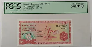 1977 Burundi Bank de la Republique 20 Fr Note SCWPM# 27a PCGS 64 PPQ Very Ch New - Picture 1 of 2