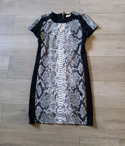 Abito elasticizzato Michael Kors stampa serpente nero e grigio ufficio parrucca intelligente taglia M