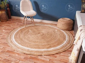 Jute geflochtener Rundteppich mit weißen Streifen Bordüre, Naturfaserteppich, Deko Zuhause - Bild 1 von 5