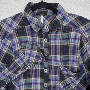 Free People Shirt Womens S Dark Purple Plaid Goth Grunge Raw Hem Button Juniper - Picture 1 of 13