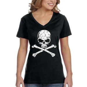 Camiseta para mujer envejecida blanca calavera y huesos cruzados pirata Jolly Roger cuello en V - Imagen 1 de 7
