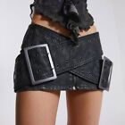 Hot Women Black Pu Leather Mini Skirt Gothic Low Wasit Belt Punk Party Dress