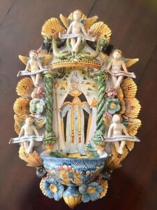 🔴 Imponente acquasantiera in ceramica maiolica San Nicola Grottaglie 50 cm