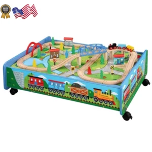 Train Set with Table and Play Board 62 Pc Hardwood Train Set FREESHIPP - Picture 1 of 12