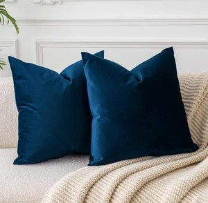 2- Velvet Navy Pillow Covers 16x16in Decorative Square Throw Modern Farmhouse - Picture 1 of 5