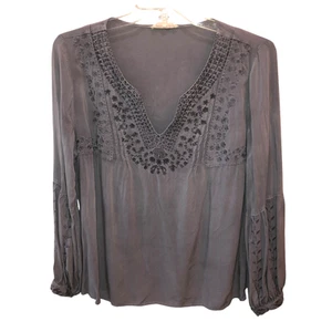 Solitaire Large Gray Long Sleeve Floral Embroidered Boho Peasant Top Shirt Sz L - Picture 1 of 10