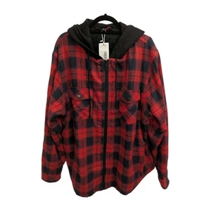 ZENTHACE Men's Size XXL Red Black Plaid Sherpa Lined Zip Hooded Shirt Jacket - Picture 1 of 9