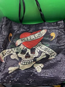 ED HARDY BY CHRISTIAN AUDIGIER "LOVE KILLS SLOW" PAILLETTEN SCHWARZ PANTHER BEUTELTASCHE - Bild 1 von 5