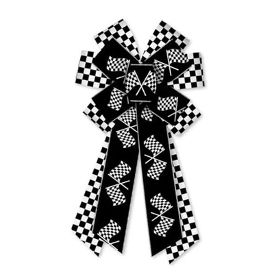 On-Airstore Large Checkered Flag Wreath Bows, Black White Ribbon Burlap Racing - Image 1 of 4