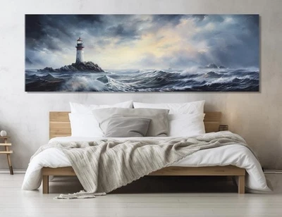 Scenic Lighthouse in Storm Canvas Wall art Sea Wave Ocean Wall Home Decor - Image 1 of 4