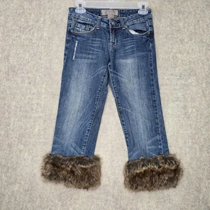 Candies Womens Denim Capris Blue Size 1 Fur Cuffs Distressed Cotton Blend Good - Picture 1 of 8