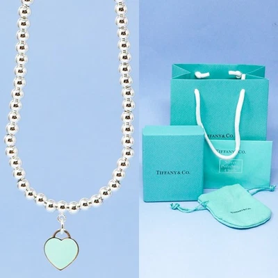Collar Tiffany Cuentas Plata Corazón Azul Esmalte Colgante Caja de Regalo Conjunto Incluido Foto 1 de 4