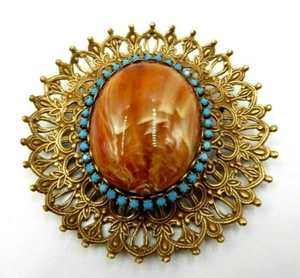 DE COLECCIÓN CABUJÓN DE PIEDRA ÁMBAR CON MARCO TURQUESA DORADO BROCHE - Imagen 1 de 8