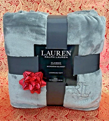 RALPH LAUREN KING Dark Gray Embroidered LRL Logo Micromink Blanket NEW! - Image 1 of 4