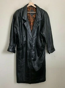 Cappotto pelle donna vintage senza marchio nero bottoni tasche lunghezza media foderato PS - Foto 1 di 11