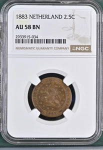 Netherlands 1883 2 1/2 Cent, KM#108.1 - NGC AU58 BN Key-Date - Picture 1 of 2