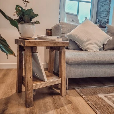 Small Coffee Table Rustic Solid Wood Side Table With Shelf Storage Bedside Table - Image 1 of 4