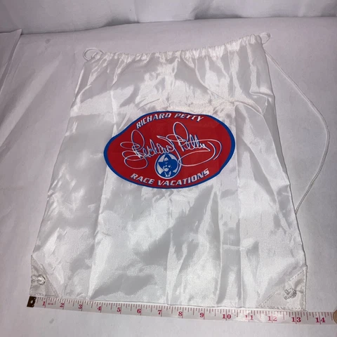 Vintage NASCAR Richard Petty Race Vacations Draw String Backpack 13" x 16" White Cover