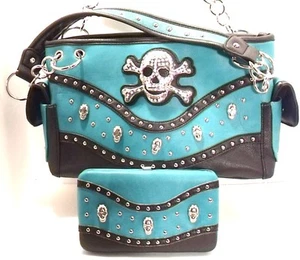 Skull & Crossbones CHL Purse & Wallet Turquoise & Black New Shoulder Handbag - Picture 1 of 10