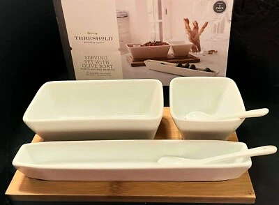 Threshold 6 PC Serving Set w/Porcelain Olive Boat & Bamboo Serving Tray NIB - Image 1 of 4