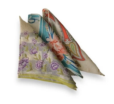 Vintage 3-HANKIES 30+ Years Deco Floral Squares Purple Blue Red Stain - Image 1 of 4