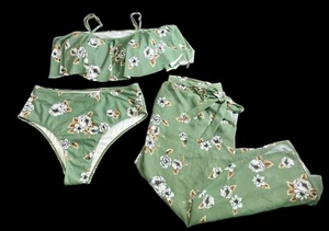 Shein Women’s 3 Piece Swimsuit Green Floral Bikini with Skirt Plus Size 2XL - Picture 1 of 9