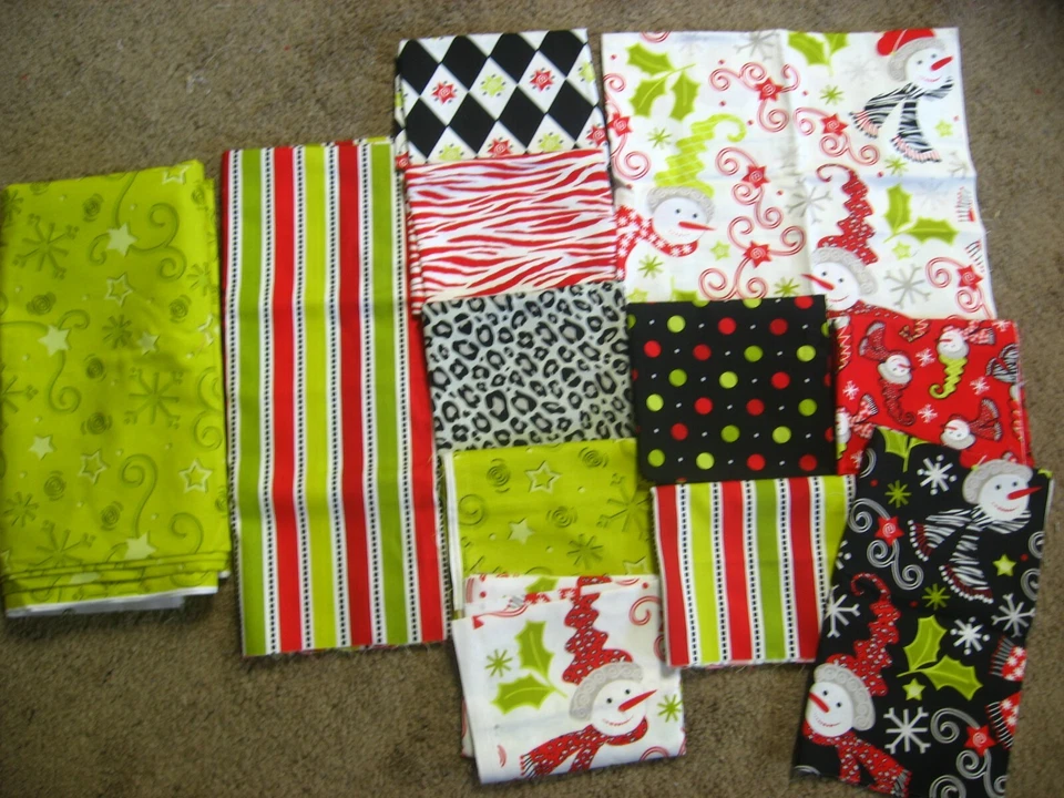 Dana Brooks S'Noel Christmas Fabric Lot Kit Snowmen Stripe Polka Dot FQ Yardage - Image 1 of 1