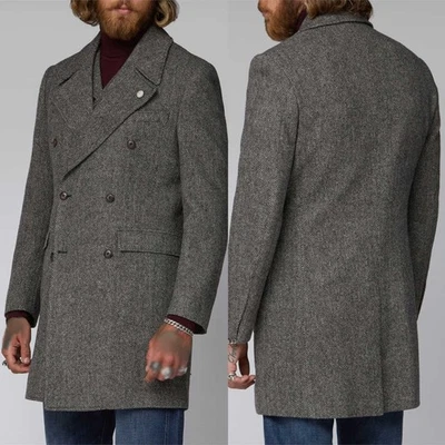 Men Gray Herringbone Coat Double Breasted Jacket Tweed Wide Lapel Business - Image 1 of 4