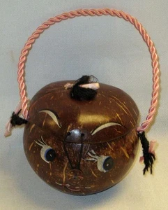 Vintage Hawaii Coconut Shell Purse Whimsical Cute Handpainted Face Tiki - Picture 1 of 10