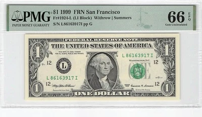 United States 1 Dollar 1999 Fr-1924-L PMG 66 EPQ - Image 1 of 2