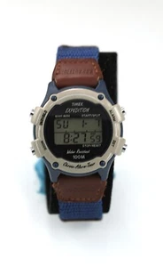 Timex Watch Women Blue Plastic Brown Leather 100m Date Alarm Light Chron Quartz - Picture 1 of 6