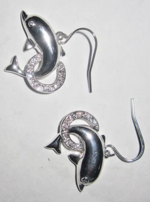 Delfino Orecchini Argento Zirconi Oro Bianco Pesce Pendente Sealife Hoop Qualità - Immagine 1 di 4