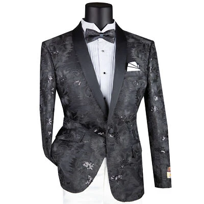 Blazer VINCI Para Hombre Negro Paisley Bordado Delgado con Pajarita - NUEVO Foto 1 de 3