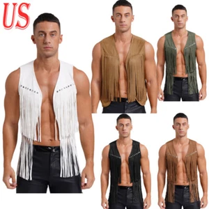 Mens Fringe Vest Open Front Hippie Suede Jacket Cowboy Western Tassel Tops - Picture 1 of 47