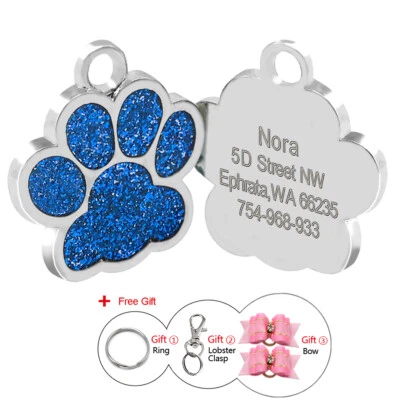 Glitter Paw Personalized ID Tags Engraved Pet Dog Cat Name Disc Collar Hair Bows - Image 1 of 4