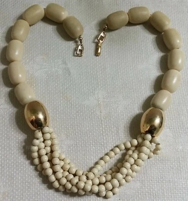 Vintage Napier Chunky GT Metal Cream Plastic Bead Focal Pendant 21" Necklace - Image 1 of 4