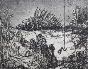 Vintage surrealist print fish signed - Picture 1 of 10