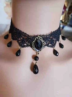 Gothic Choker Necklace,Jewery, Handmade Black,Lace, Beads 12/13" #10 - Image 1 of 4