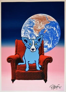 George Rodrigue Blue Dog Space Chair Split Font Blue Pink Silkscreen Signed Art - Picture 1 of 4